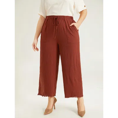 Bloomchic Women's Plus Size Plain Frayed Hem Pocket Bowknot Pants Rust High Rise Office 10/m In Brown