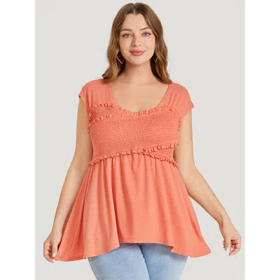 Bloomchic Women's Plus Size Plain Frill Trim Crossover Shirred Ruffles Sleeveless T-shirt Coral Sleeveless Dai In Orange