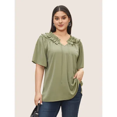 Bloomchic Women's Plus Size Plain Frill Trim Gathered Ruffle Sleeve Blouse Sage Non Office Short Sleeve 10/m In Green