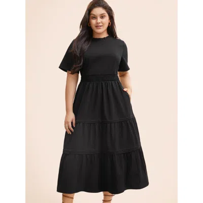 Bloomchic Women's Plus Size Plain Frill Trim Ruffle Layered Hem Dress Black Solid Midi Elegant Ruched 18-20/2x