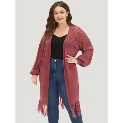 Bloomchic Women's Plus Size Plain Fringe Trim Patched Pocket Cardigan Russet Long Sleeve 12/l In Brown
