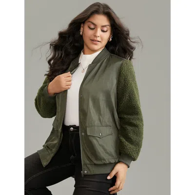 Bloomchic Women's Plus Size Plain Fuzzy Patchwork Zipper Flap Pocket Jacket Armygreen Rib Knit 10/m