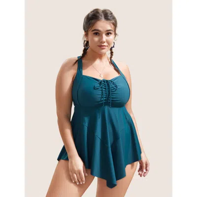 Bloomchic Women's Plus Size Plain Gathered Adjustable Straps Drawstring Swim Dress Teal Non Non Adaptive-fit 1 In Blue