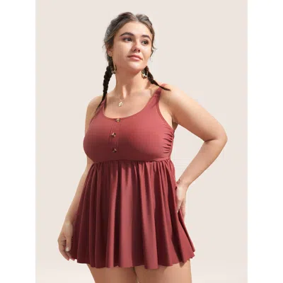 Bloomchic Women's Plus Size Plain Gathered Button Detail Swim Top Rust Non Non 10/m In Brown