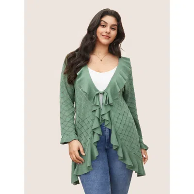 Bloomchic Women's Plus Size Plain Geometric Cut Out Ruffles Ties Cardigan Emerald 14-16/1x In Green