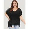 Bloomchic Women's Plus Size Plain Geometric Eyelet Patchwork Tassels Batwing Sleeve Pullover Black Plain Short In Black