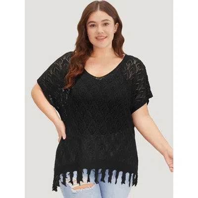 Bloomchic Women's Plus Size Plain Geometric Eyelet Patchwork Tassels Batwing Sleeve Pullover Black Plain Short