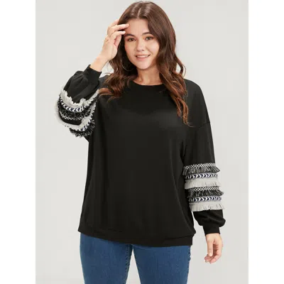 Bloomchic Women's Plus Size Plain Geometric Tape Fringe Trim Drop Shoulder Sweatshirt Black Plain Dailywear 12