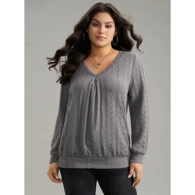 Bloomchic Women's Plus Size Plain Geometric Textured Plicated Detail Sweatshirt Gray Plain Dailywear 12/l