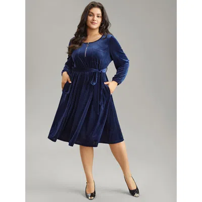 Bloomchic Women's Plus Size Plain Half Zip Belted Pocket Corduroy Dress Indigo Office Velvet 10/m In Purple