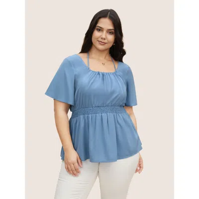 Bloomchic Women's Plus Size Plain Halter Neck Shirred Tie Knot Blouse Lightblue Non Everyday Short Sleeve 12/l In Blue