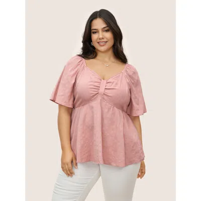Bloomchic Women's Plus Size Plain Heart Neckline Ruched Ruffle Sleeve Blouse Rouge Non Everyday Half Sleeve 12 In Red
