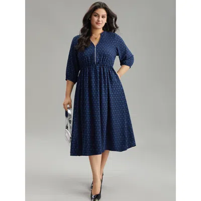 Bloomchic Women's Plus Size Plain Heart Textured Half Zip Notched Dress Indigo Office Elastic Cuffs 30/6x In Purple