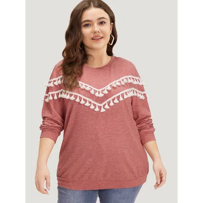 Bloomchic Women's Plus Size Plain Heather Crew Neck Tassel Trim Sweatshirt Russet Plain Dailywear 10/m In Brown