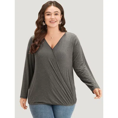 Bloomchic Women's Plus Size Plain Heather Gathered Wrap T-shirt Gray Long Sleeve Dailywear 10/m