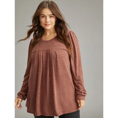 Bloomchic Women's Plus Size Plain Heather Plicated Detail T-shirt Rust Long Sleeve Everyday 12/l In Brown