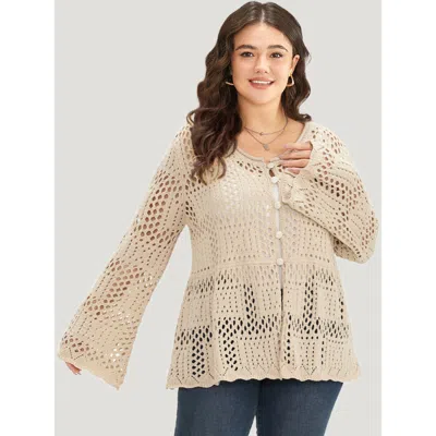 Bloomchic Women's Plus Size Plain Hollow Out Button Through Bell Sleeve Cardigan Beige Long Sleeve Scoop Neck  In Sand