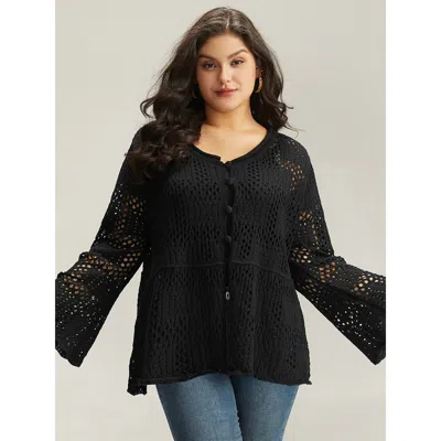 Bloomchic Women's Plus Size Plain Hollow Out Button Through Bell Sleeve Cardigan Black Long Sleeve Scoop Neck 