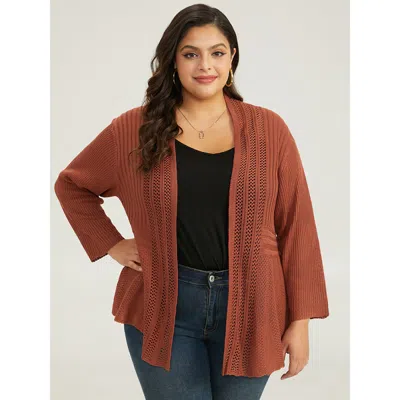Bloomchic Women's Plus Size Plain Hollow Out Drop Shoulder Open Front Cardigan Chocolate Long Sleeve 12/l In Brown