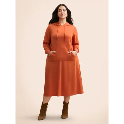 Bloomchic Women's Plus Size Plain Hooded Drawstring Kangaroo Pocket Dress Orangered Non Midi Everyday Non 12/l