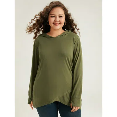 Bloomchic Women's Plus Size Plain Hooded Wrap Hem Thumb Hole T-shirt Armygreen Long Sleeve Dailywear 12/l