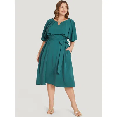 Bloomchic Women's Plus Size Plain Keyhole Pocket Belted Ruffles Dress Emerald Dailywear Belted 10/m In Green