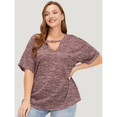 Bloomchic Women's Plus Size Plain Keyhole Split Hem Heather T-shirt Burgundy Dailywear Short Sleeve 10/m