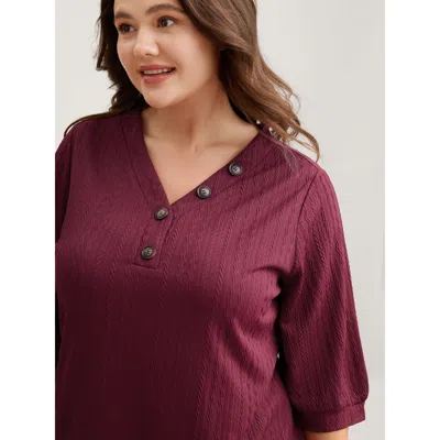 Bloomchic Women's Plus Size Plain Knit Texture Gathered Top Scarlet 3/4 Sleeve Casual 10/m In Red