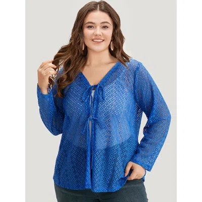 Bloomchic Women's Plus Size Plain Knot Lace Mesh Hollow Out Jacket Blue Plain 10/m