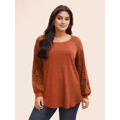 Bloomchic Women's Plus Size Plain Lace Panel Round Neck Raglan Sleeve T-shirt Chocolate Elegant 26/4x In Brown