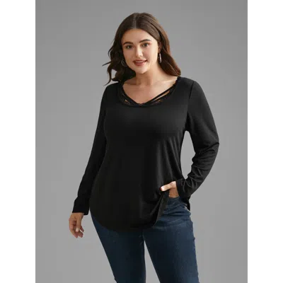 Bloomchic Women's Plus Size Plain Lace Patchwork Crisscross T-shirt Black Non Everyday Extra Long Sleeve 14-16