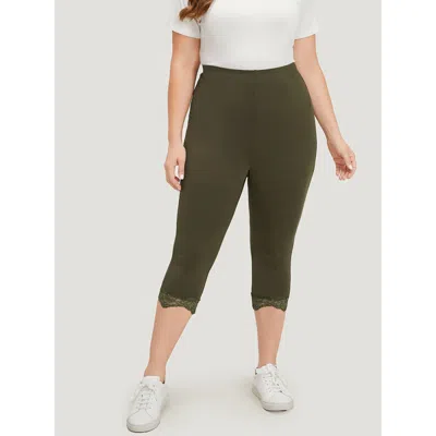 Bloomchic Women's Plus Size Plain Lace Patchwork High Rise Leggings Armygreen High Stretch High Rise Dailywear