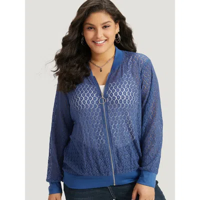 Bloomchic Women's Plus Size Plain Lace Patchwork Zipper Cut Out Jacket Aegean Plain 12/l In Blue