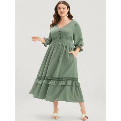 Bloomchic Women's Plus Size Plain Lantern Sleeve Button Detail Pocket Shirred Ruffle Hem Dress Mint Solid Dail In Green