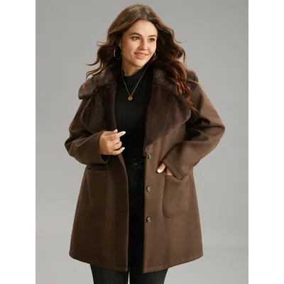 Bloomchic Women's Plus Size Plain Lapel Collar Fuzzy Trim Patchwork Button Up Coat Darkbrown Lined 12/l In Brown