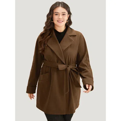 Bloomchic Women's Plus Size Plain Lapel Collar Pocket Belted Coat Darkbrown Plain 12/l In Brown