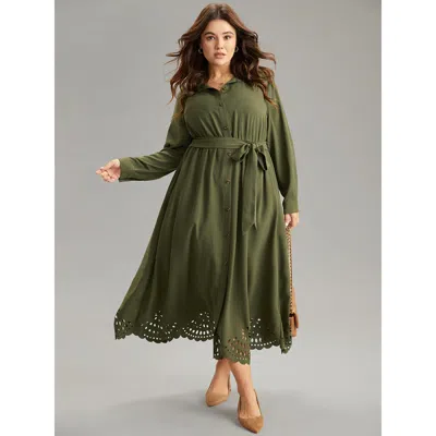Bloomchic Women's Plus Size Plain Laser Cut Button Through Belted Dress Armygreen Office Plain 10/m