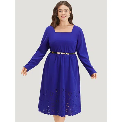 Bloomchic Women's Plus Size Plain Laser Cut Gathered Square Neck Dress Darkblue Dailywear Plain 10/m In Blue