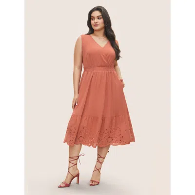 Bloomchic Women's Plus Size Plain Laser Cut Shirred Wrap Tank Dress Coral Non Midi Everyday Overlapping 12/l In Orange