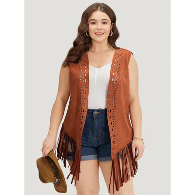 Bloomchic Women's Plus Size Plain Laser Cut Tassel Trim Sleeveless Kimono Chocolate Tassels 10/m In Brown