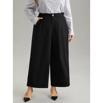 Bloomchic Women's Plus Size Plain Metal Detail Pocket Wide Leg Pants Black High Rise Office 12/l