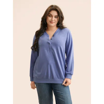 Bloomchic Women's Plus Size Plain Notched Collar Button Up Sweatshirt Bluepurple Everyday 12/l In Purple
