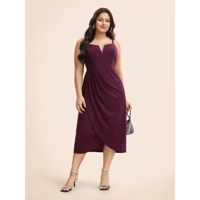Bloomchic Women's Plus Size Plain Notched Pleated Detail Spaghetti Strap Wrap Hem Dress Eggplant Solid Midi Pa In Purple