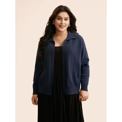 Bloomchic Women's Plus Size Plain Patched Pocket Button Up Cardigan Indigo Long Sleeve 30/6x In Purple