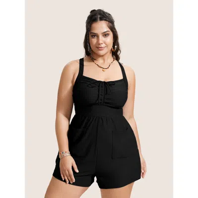 Bloomchic Women's Plus Size Plain Patched Pocket Drawstring One Piece Swimsuit Black Solid Ruched Adaptive-fit