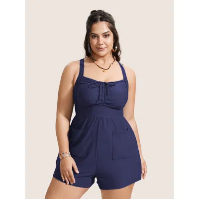 Bloomchic Women's Plus Size Plain Patched Pocket Drawstring One Piece Swimsuit Indigo Solid Ruched Adaptive-fi In Purple