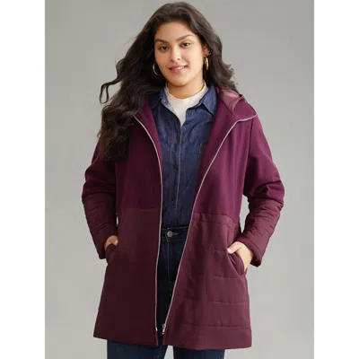 Bloomchic Women's Plus Size Plain Patchwork Zipper Padded Hooded Coat Burgundy Lined 10/m