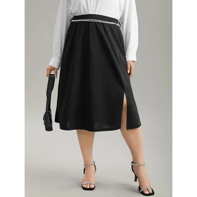 Bloomchic Women's Plus Size Plain Pearl Beaded Detail Split Side Skirt Black Style Accents Office 22-24/3x