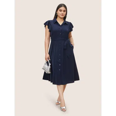 Bloomchic Women's Plus Size Plain Pleated Button Through Cap Sleeve Dress Indigo Non Midi Office Gathered 30/6 In Purple