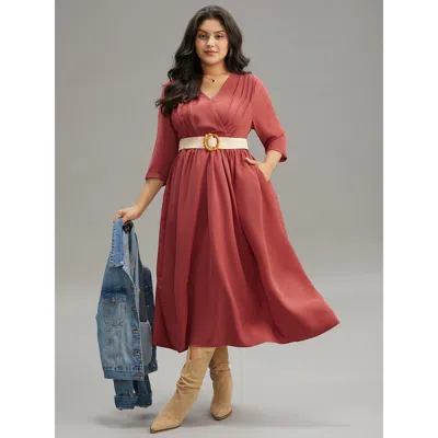Bloomchic Women's Plus Size Plain Pleated Gathered Wrap Pocket Dress Orangered Dailywear Gathered 28/5x
